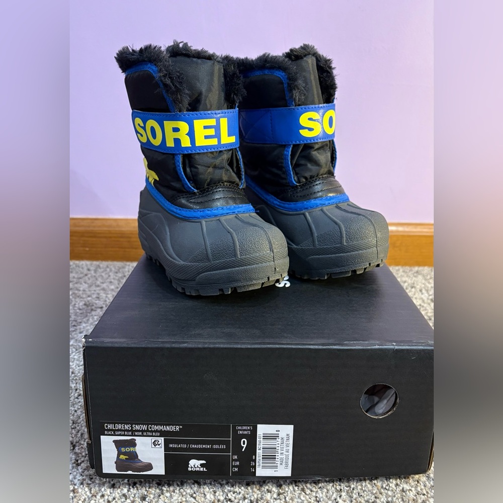 SOREL children's Snow commander boots - Black/blue/yellow Size 9C